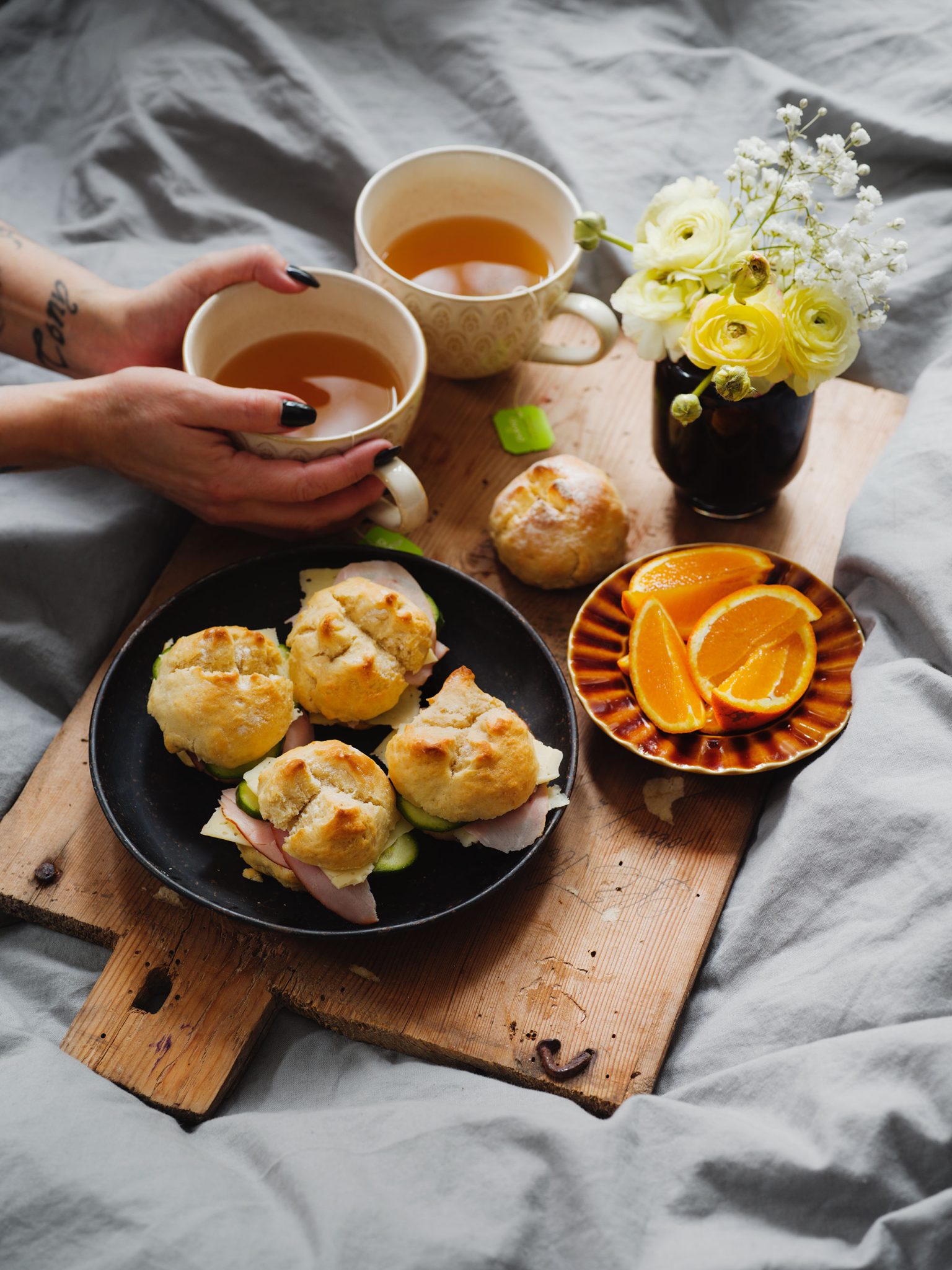 a tray with food and drinks on it
