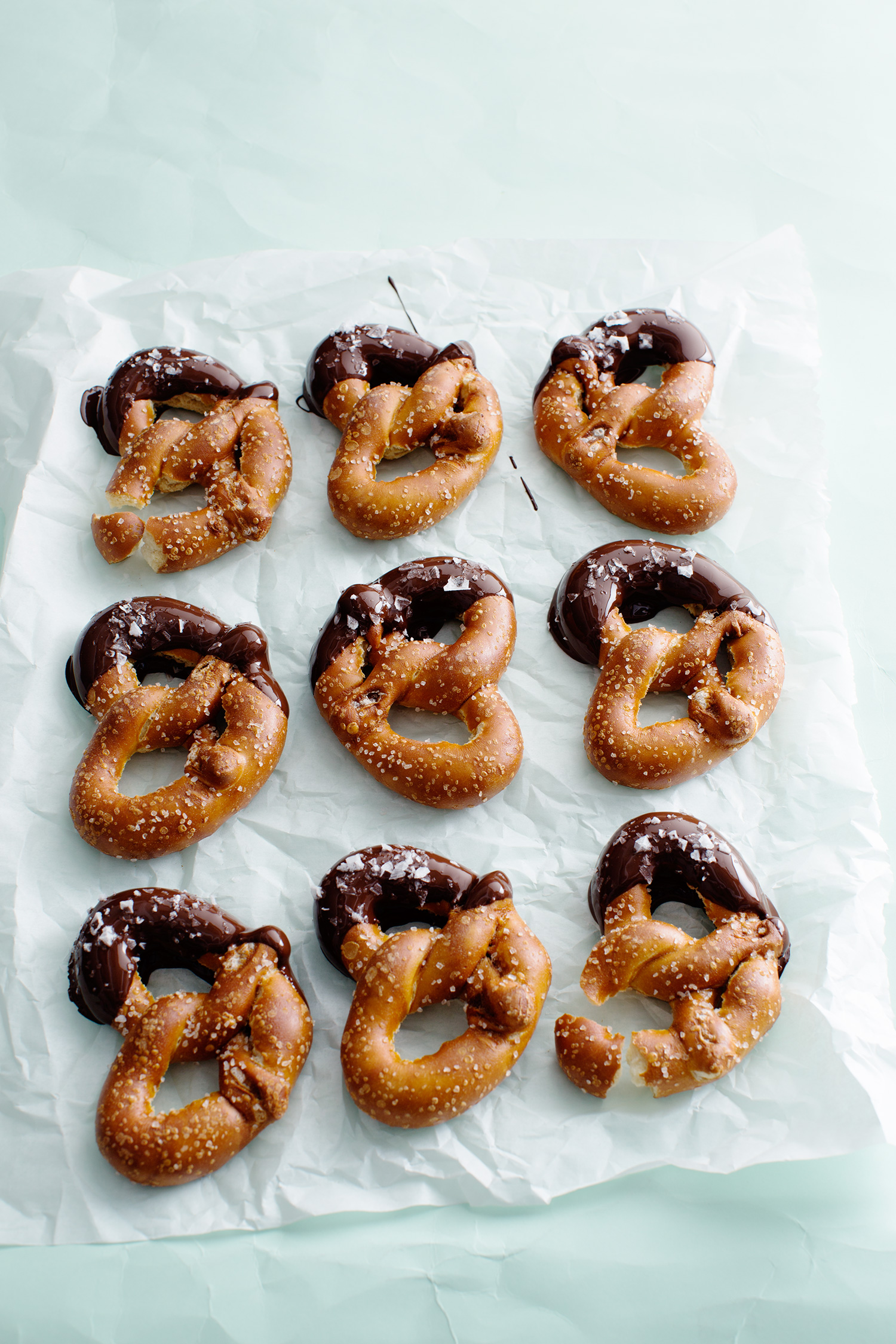 a group of pretzels with chocolate and salt