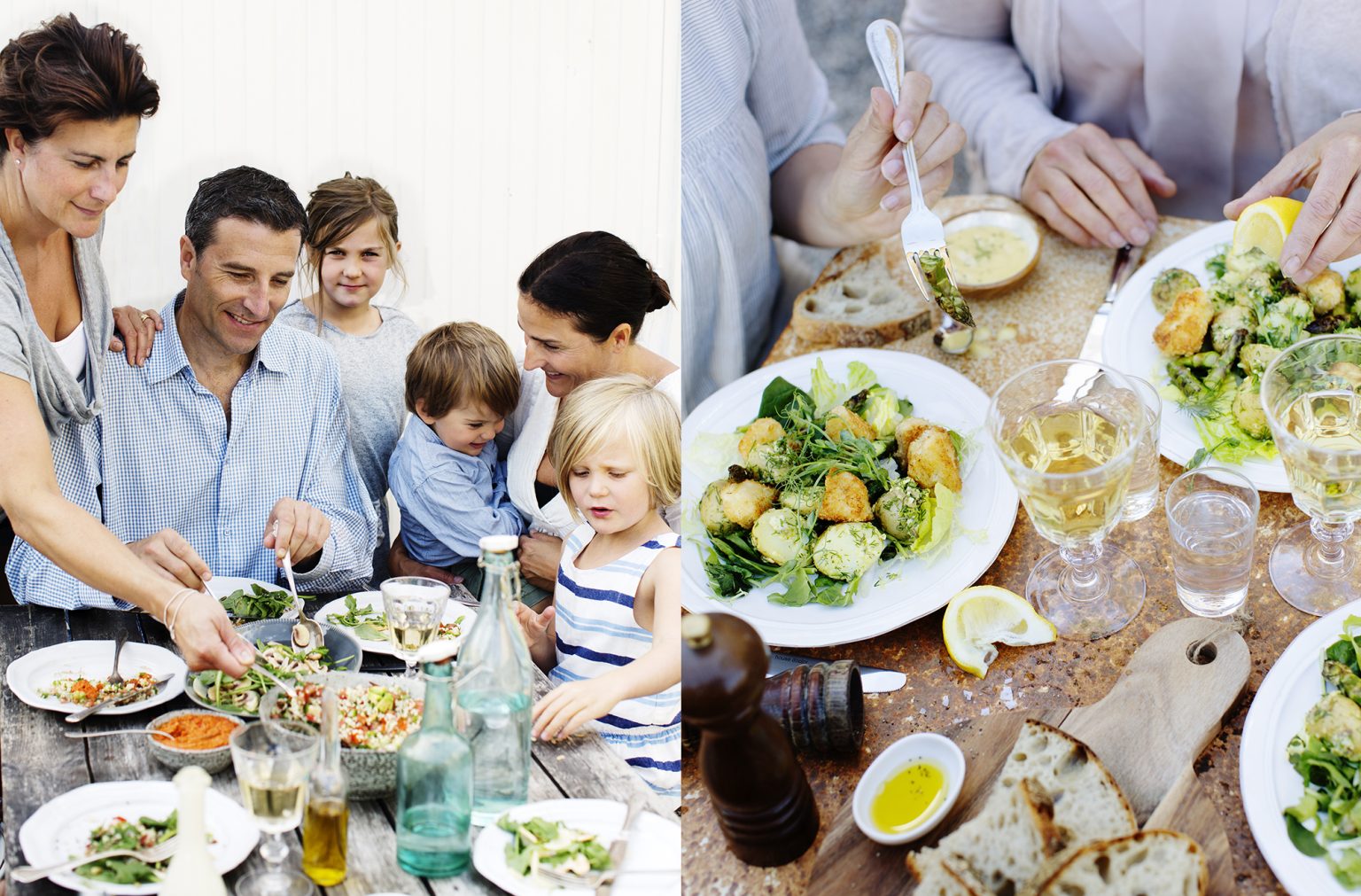 a collage of a family eating at a table