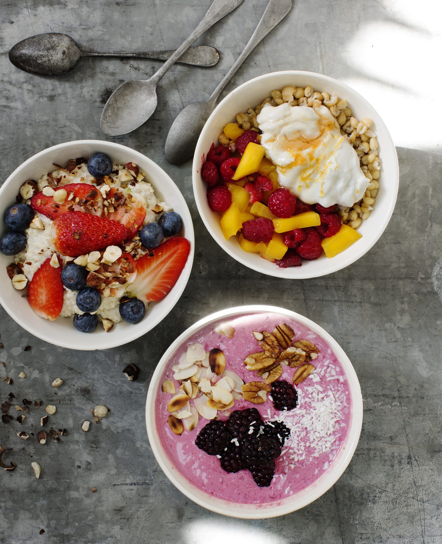 a group of bowls of food