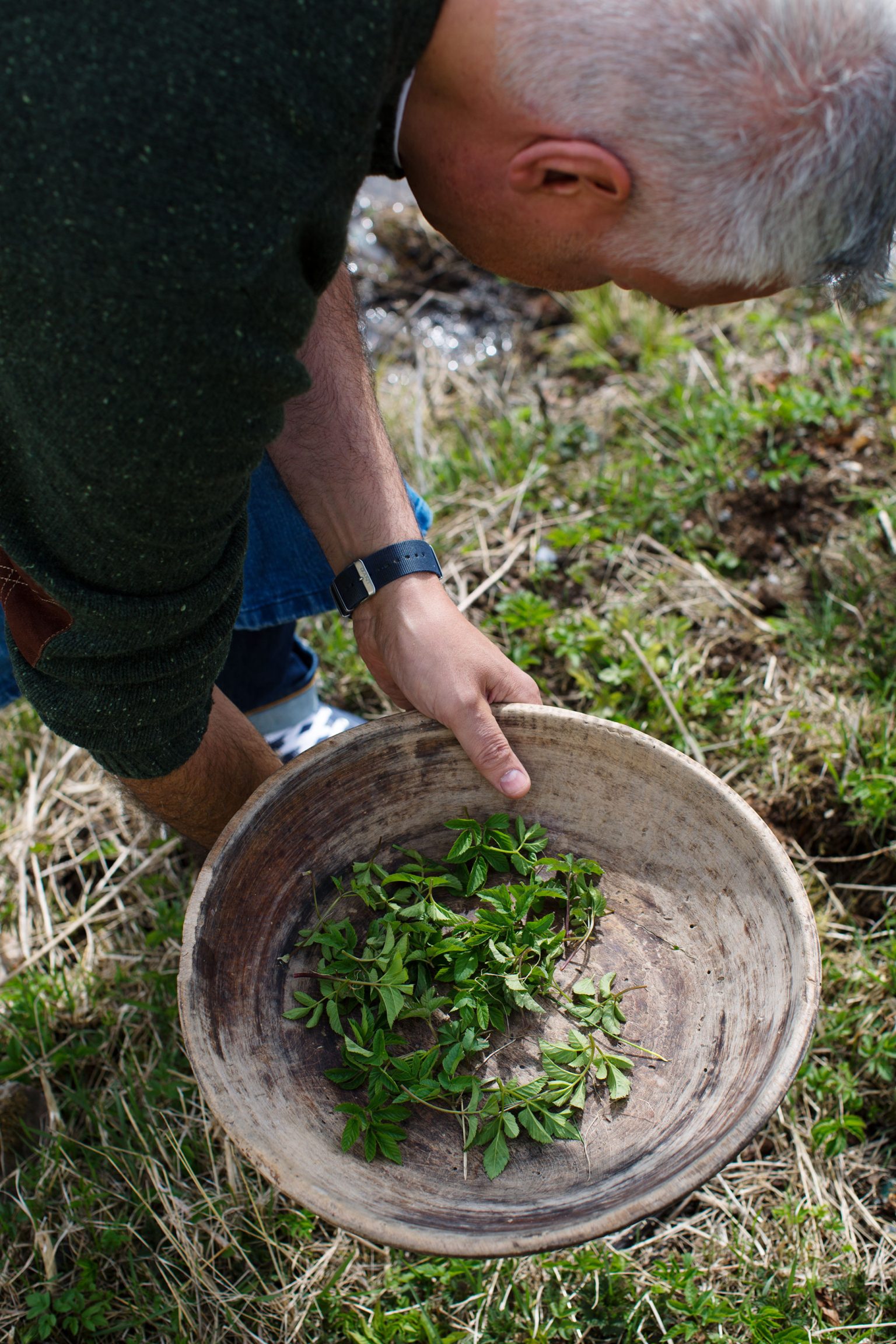 a man holding a bowl of leaves