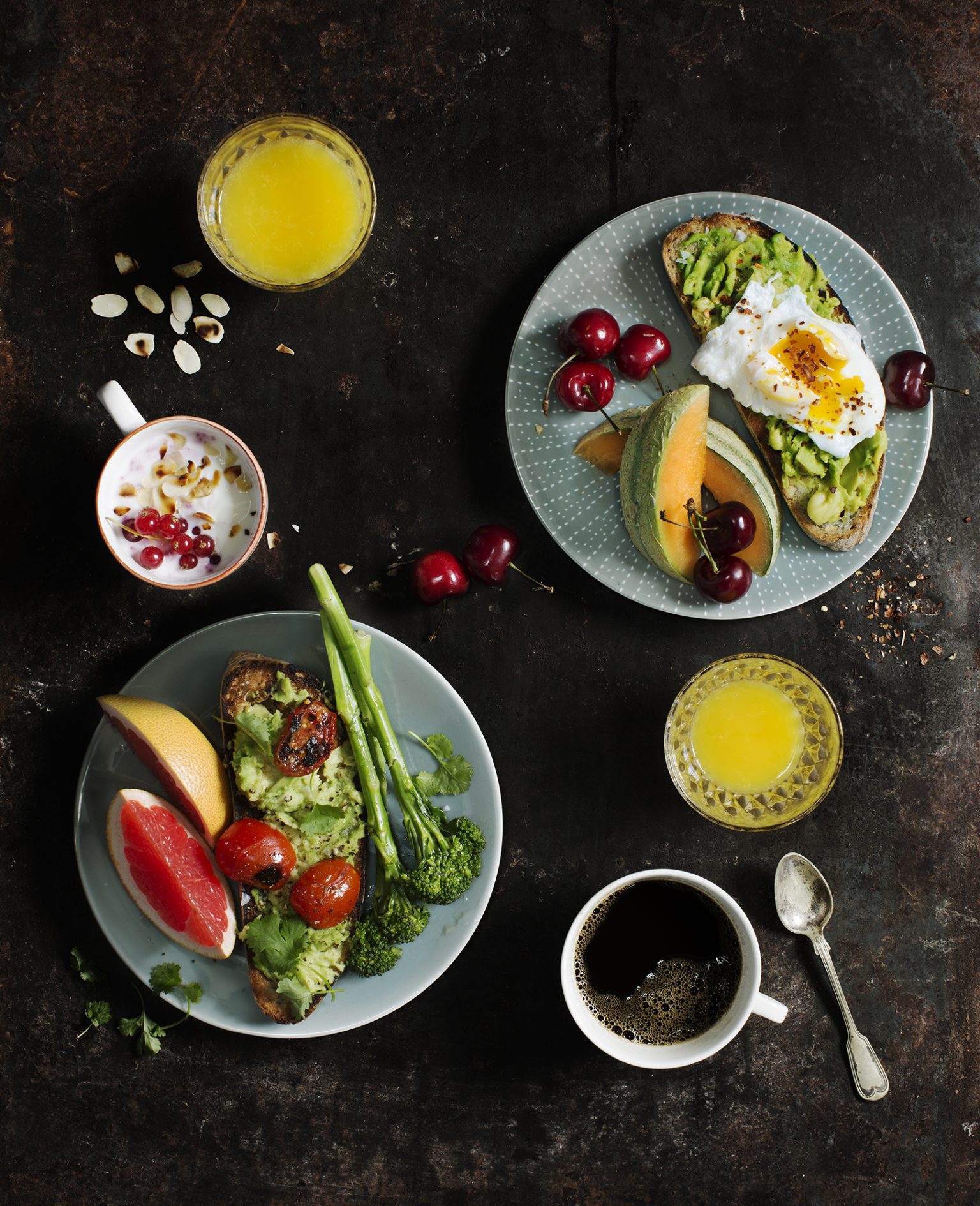 a plate of food and drinks
