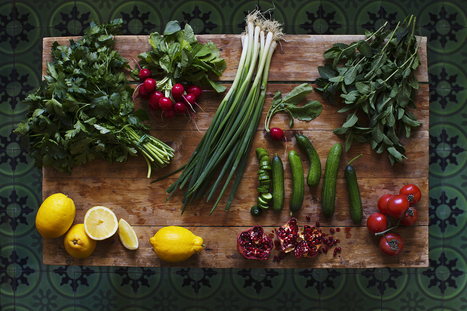 a table with vegetables and fruits