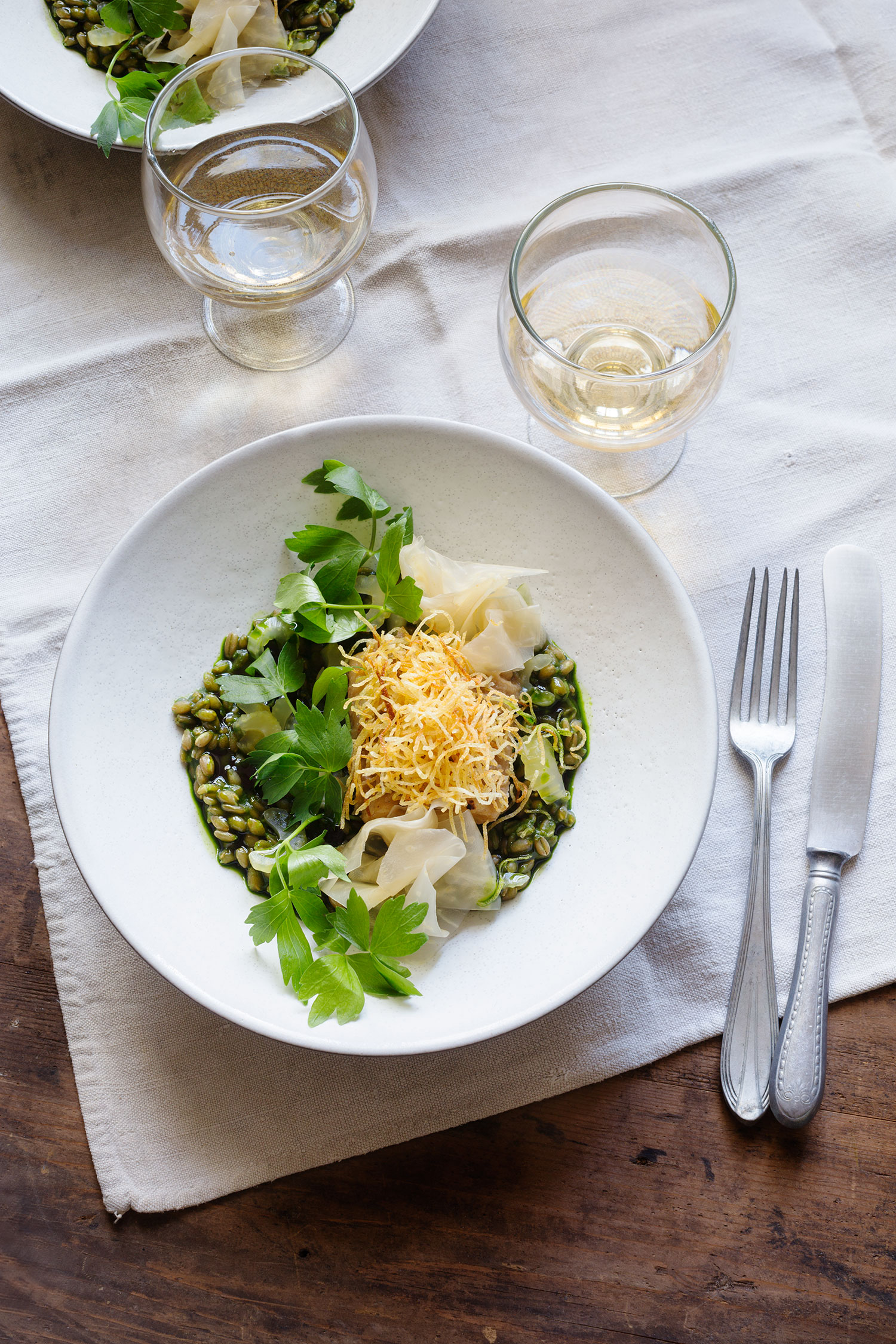 a plate of food and a glass of wine
