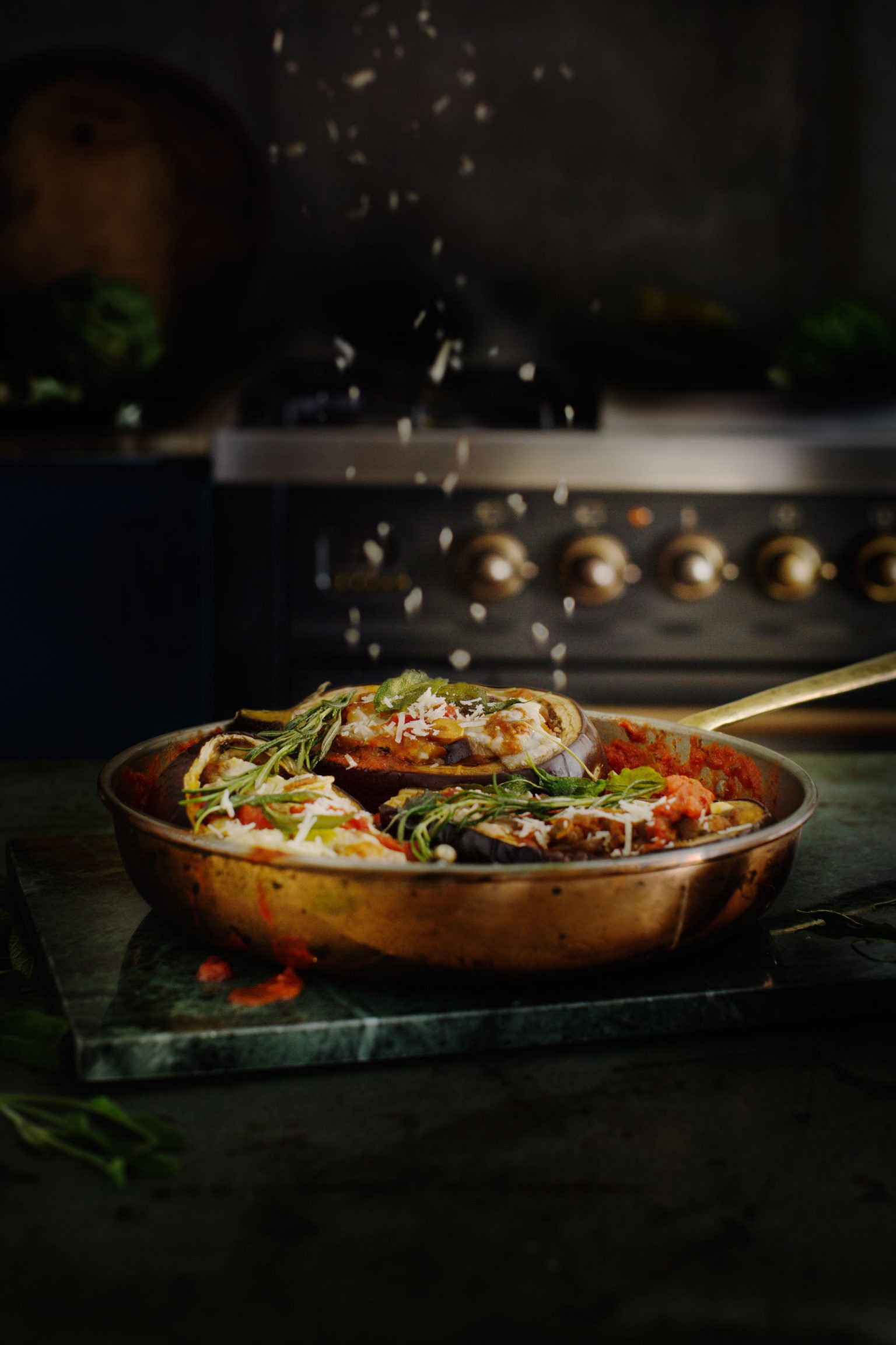 food in a pan with a spatula
