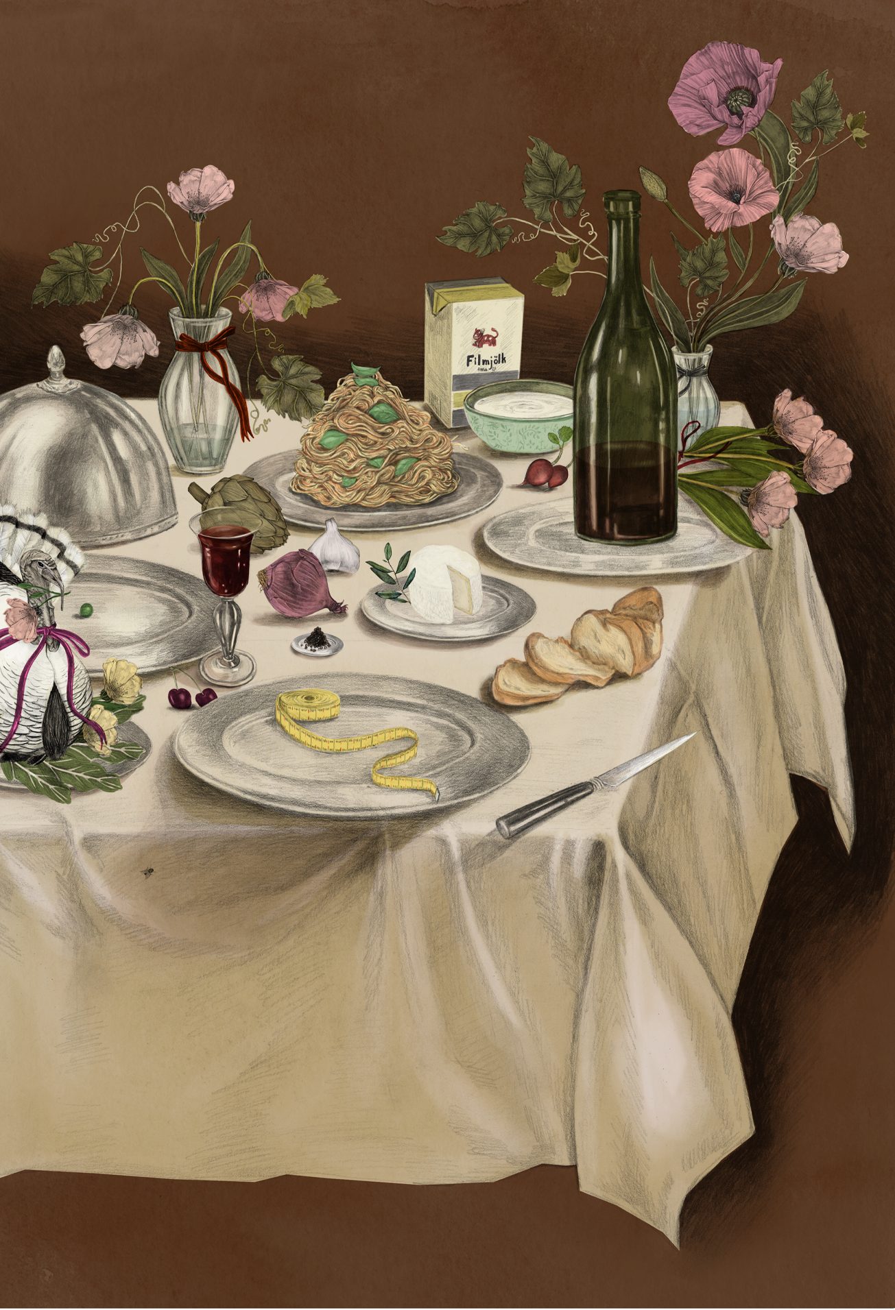 a table with food and wine bottles on it