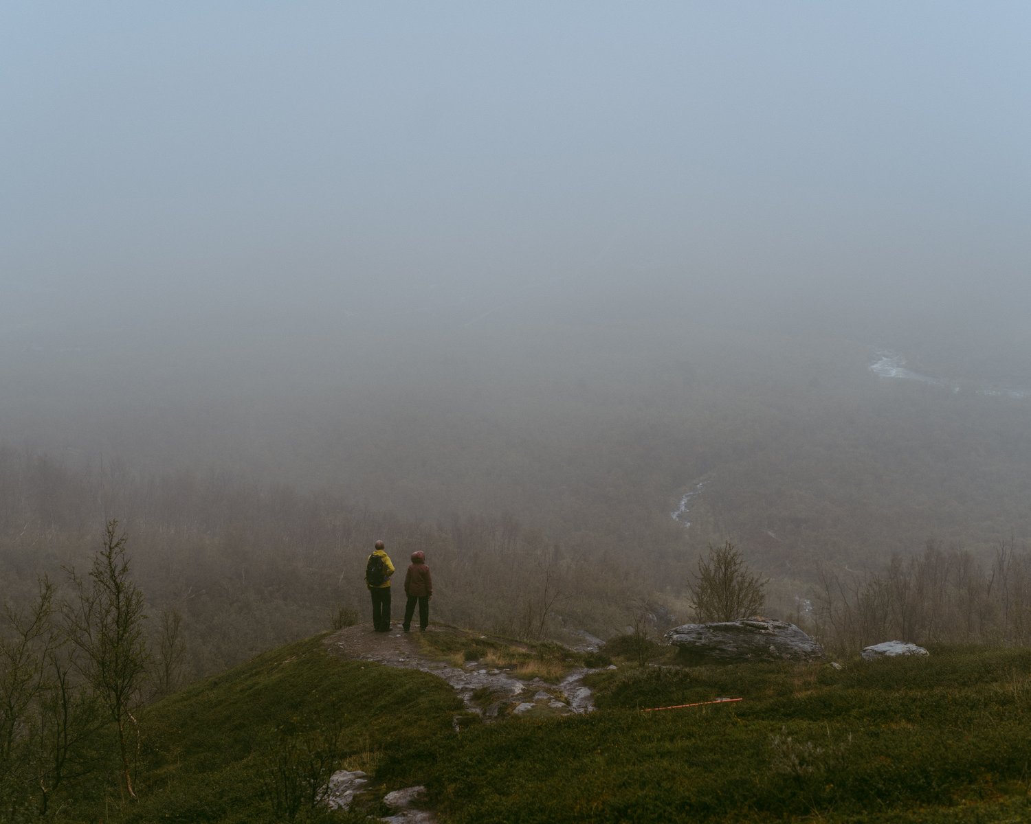 two people standing on a hill looking at fog