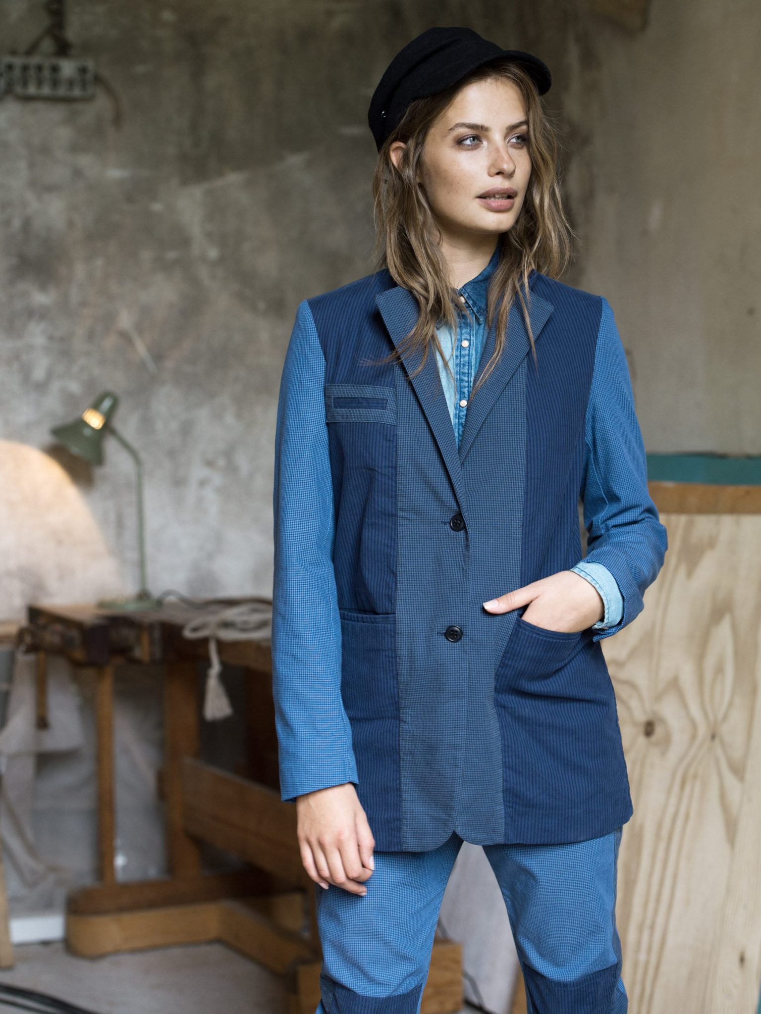 a woman in a blue suit