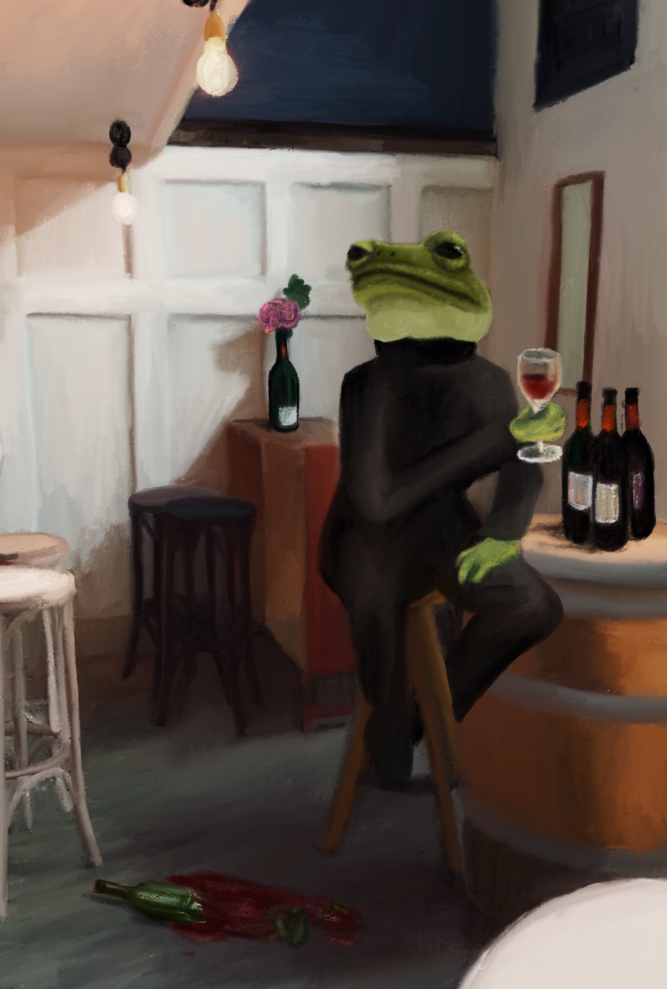 a frog sitting on a stool holding a glass of wine