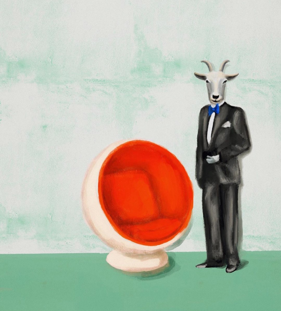 a goat wearing a suit and tie standing next to a red chair