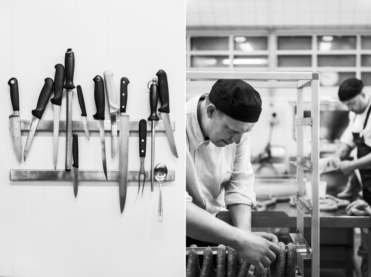 a man in a kitchen with knives on a wall
