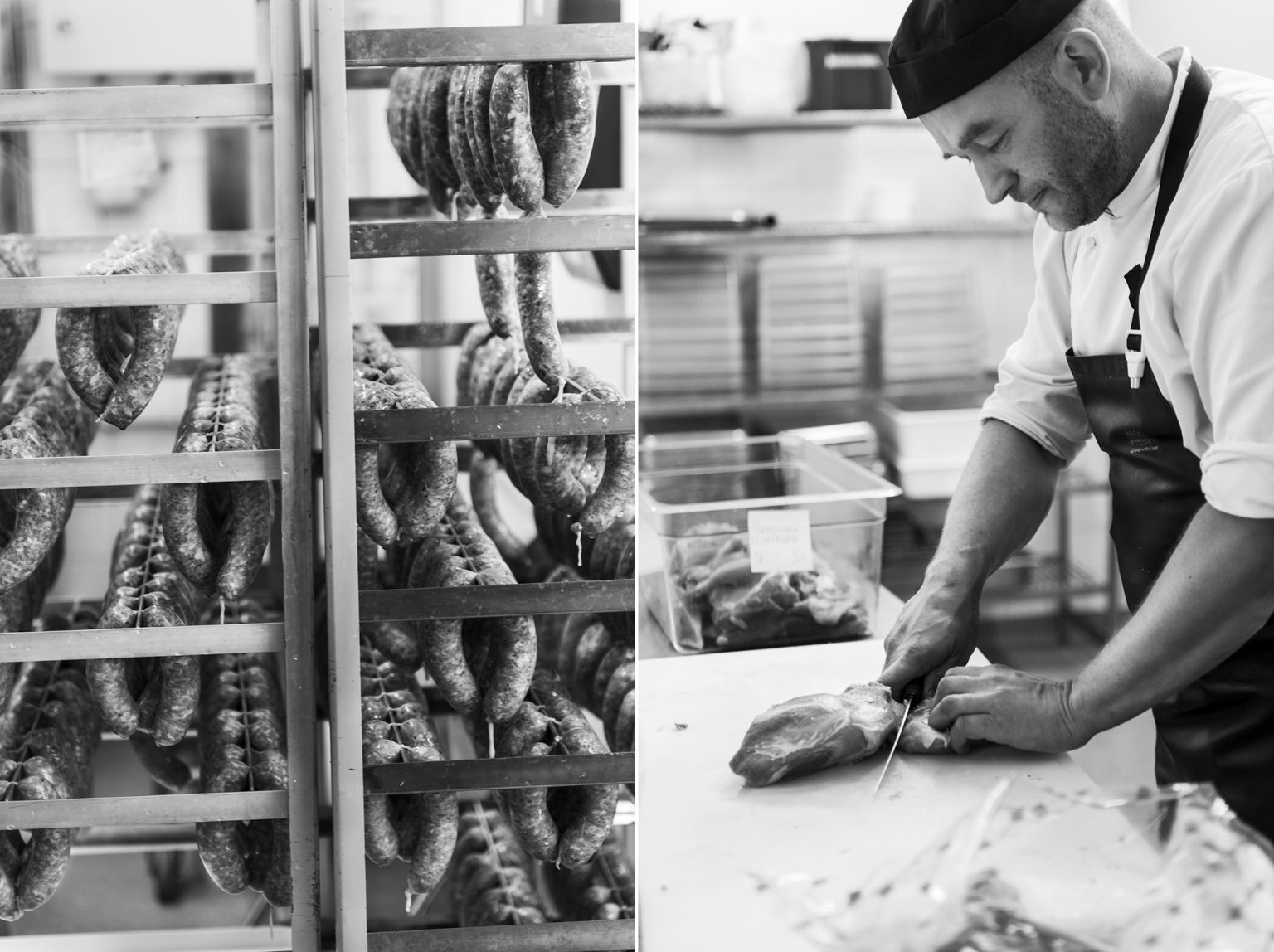 a man cutting meat in a butchery room