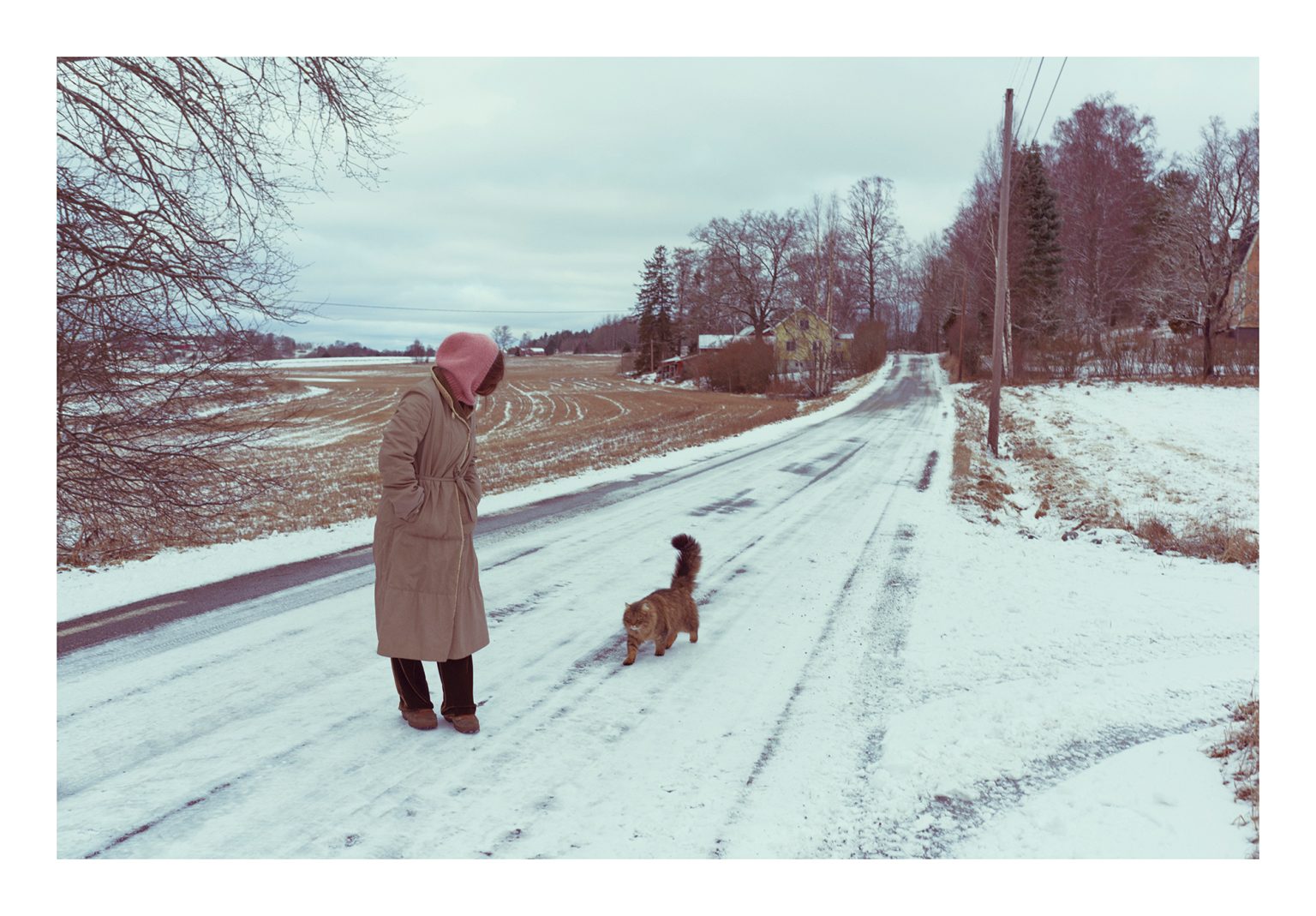 a woman in a coat and hat standing on a snowy road with a cat