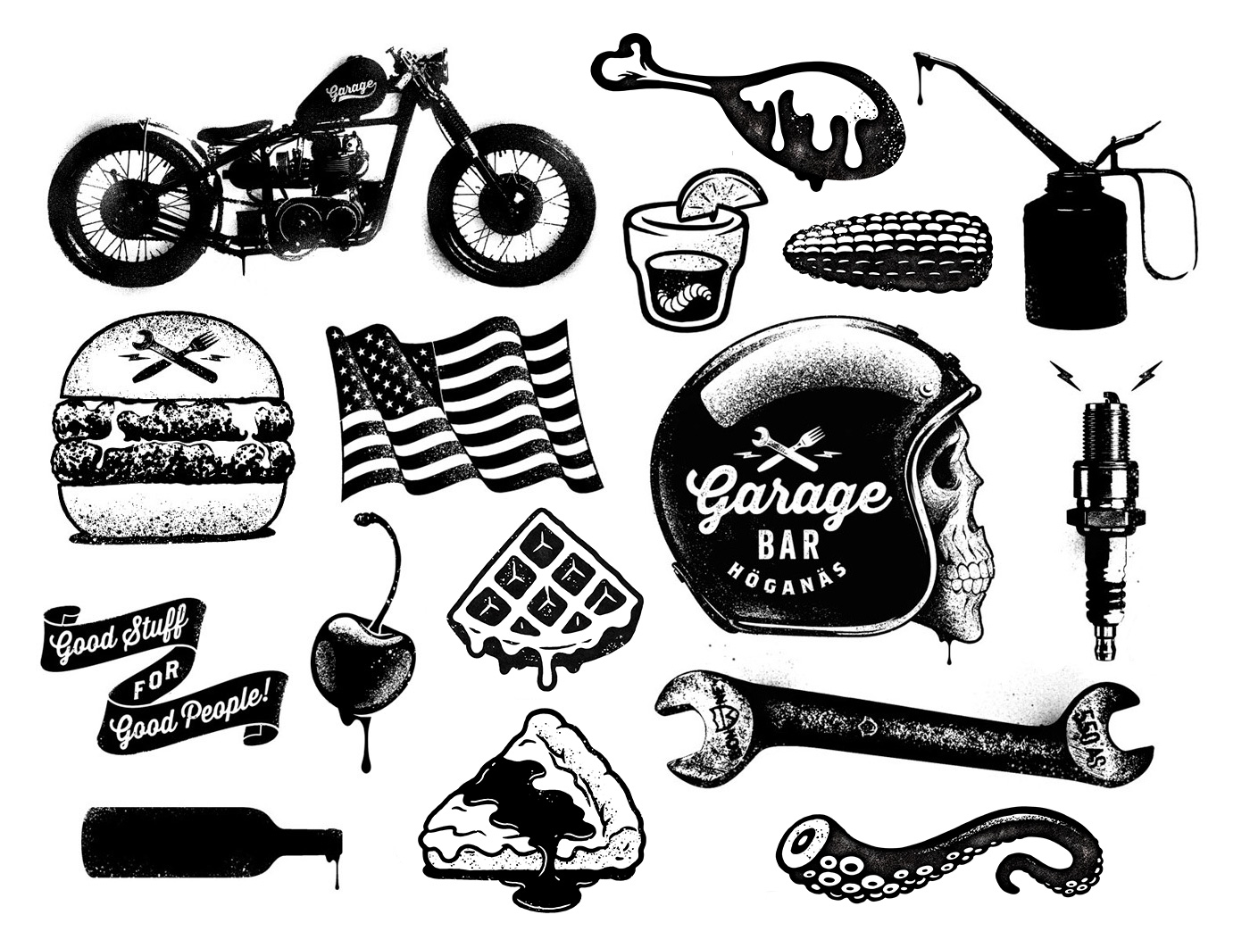 a collection of black and white objects
