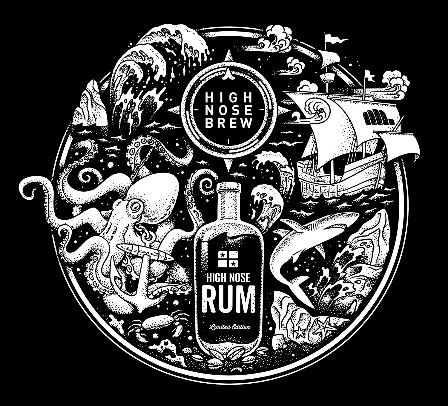 a black and white illustration of a bottle of rum