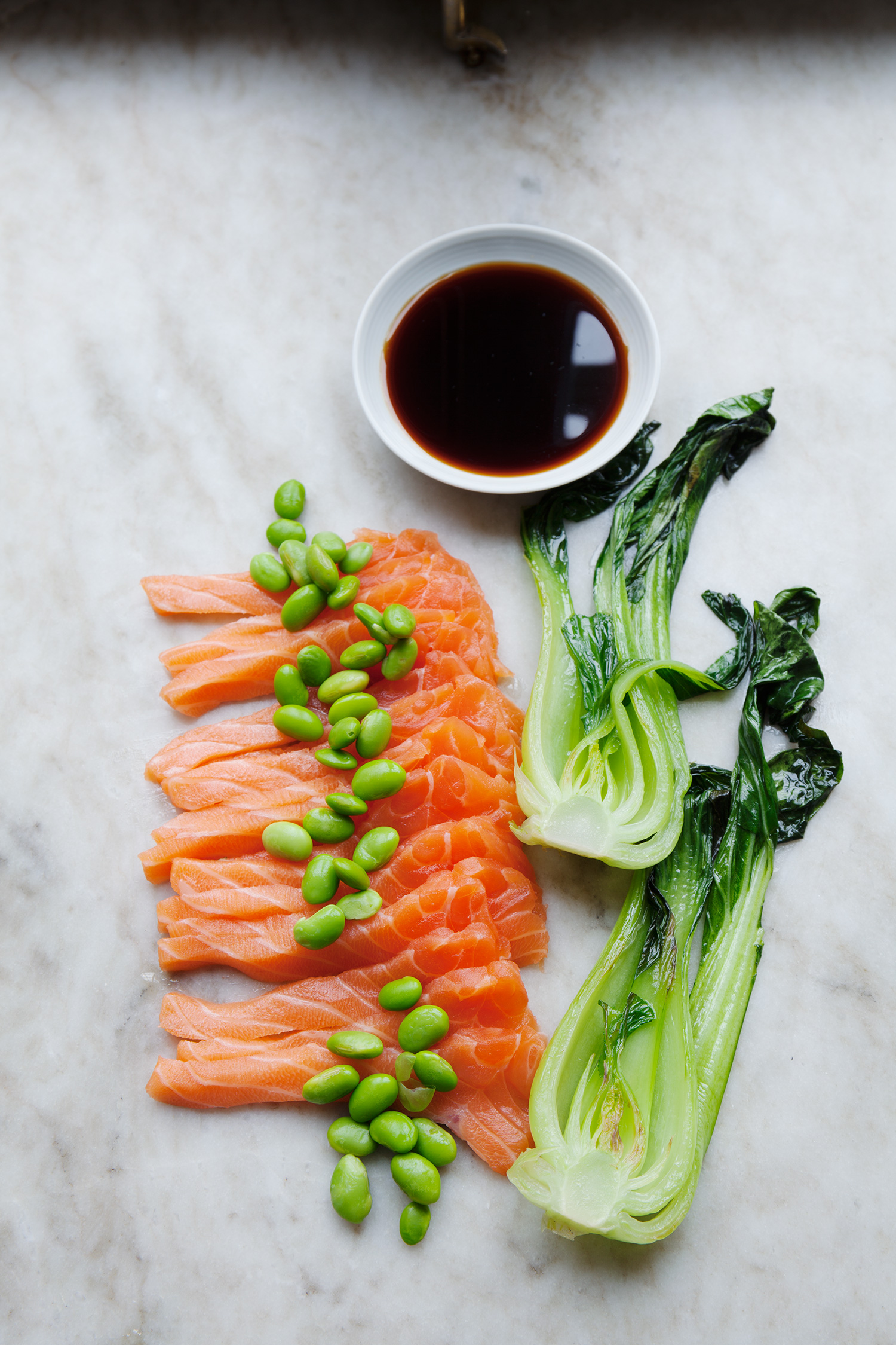 a plate of food with soy sauce