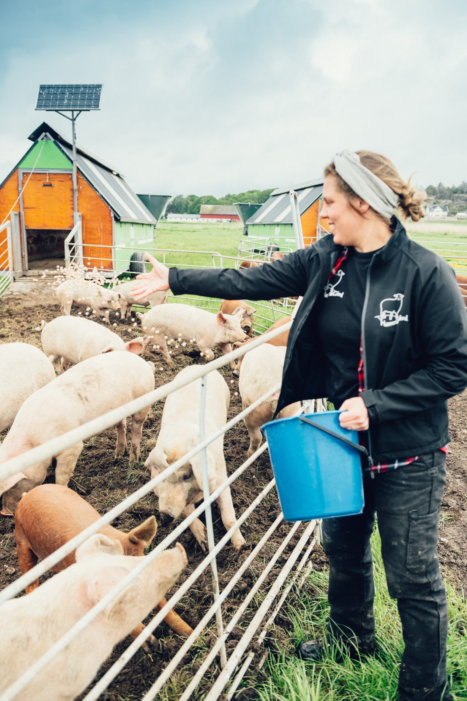 a woman with a bucket and a bucket of water in a pen