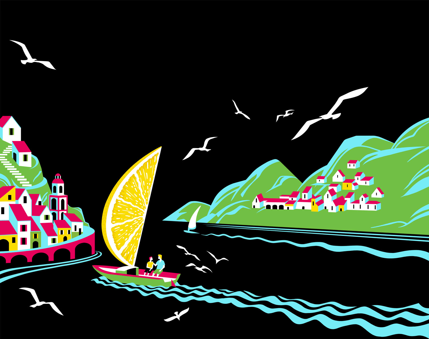 a boat with a sailboat and a city on the water