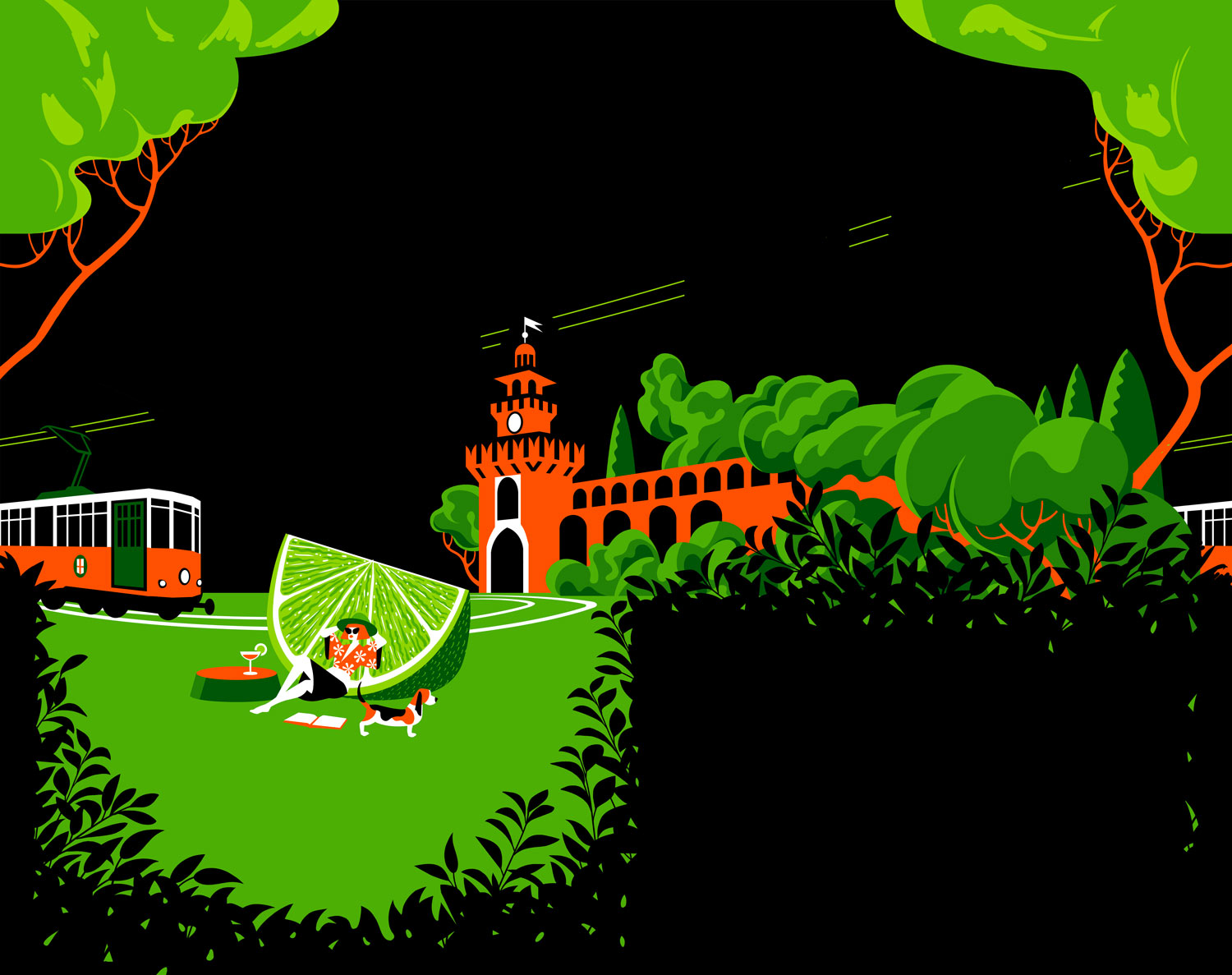 a cartoon of a woman in a park with a large lime slice