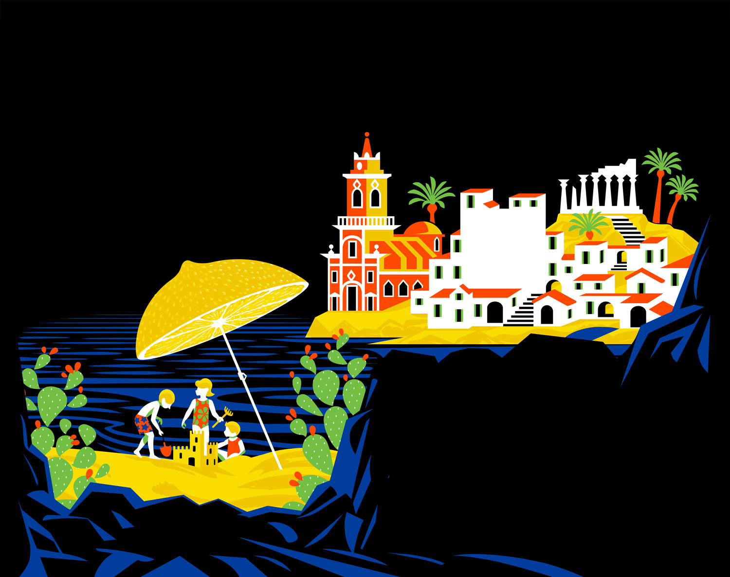 a cartoon of a beach with a couple of people and a beach umbrella