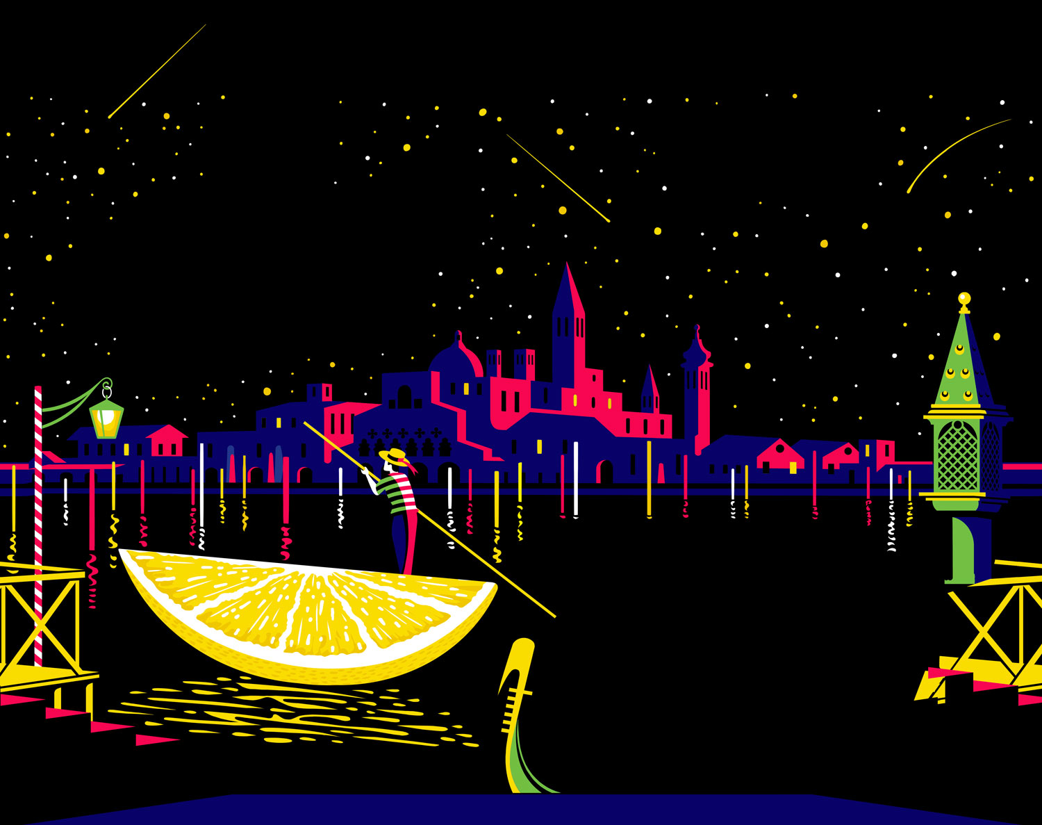 a couple of people in a boat with a lemon in the water