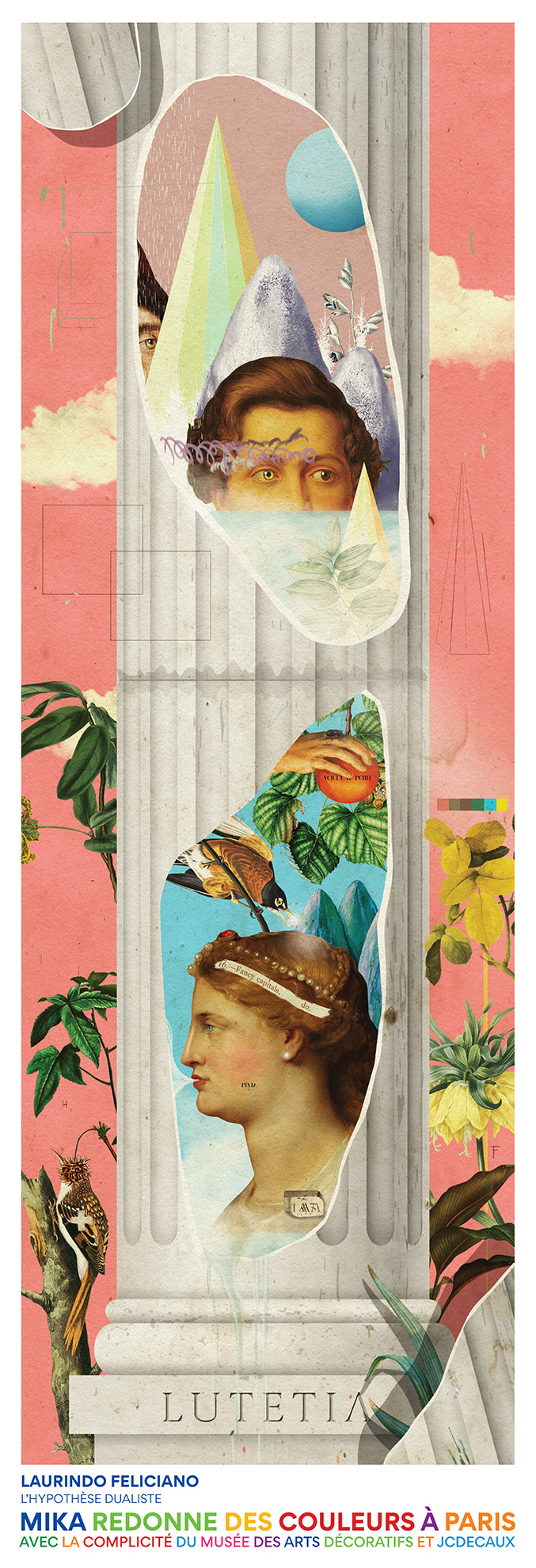 a collage of a woman with a bird and a bird