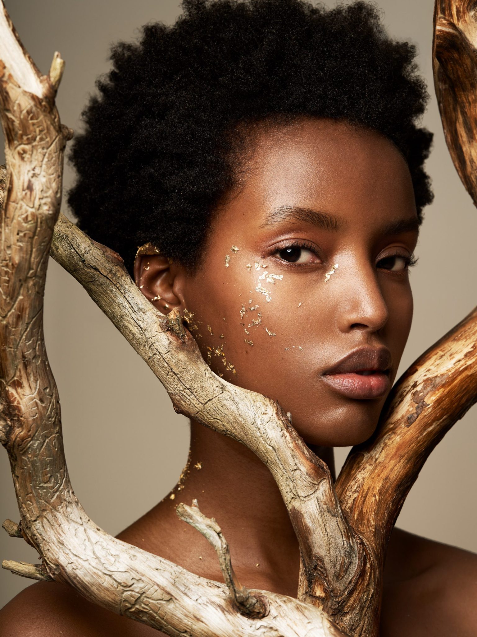 a woman with gold foil on her face and branches