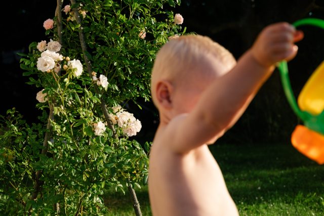 a baby with his arm raised in front of a bush of flowers