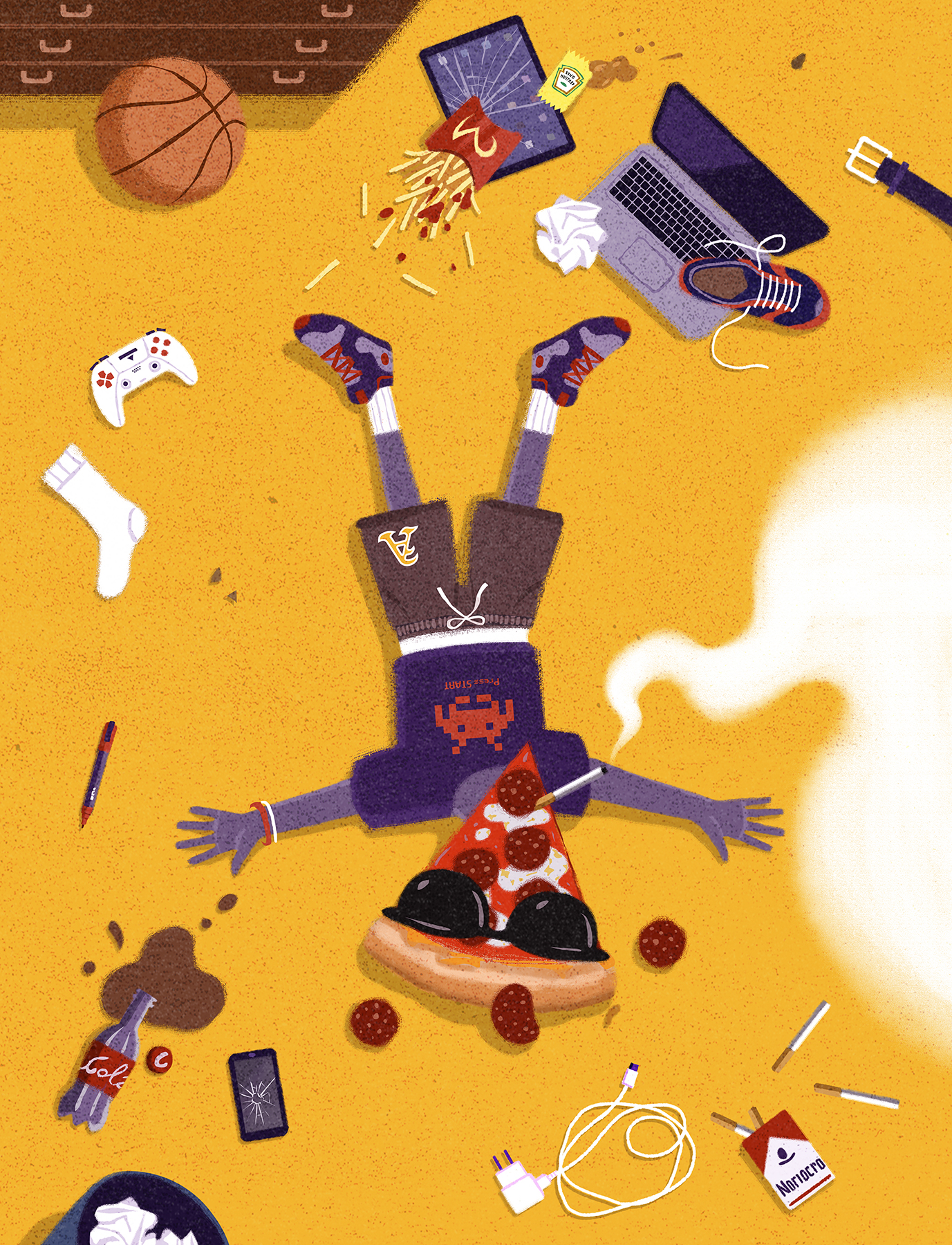 a person lying on their back with their legs up and a pizza and other objects around them