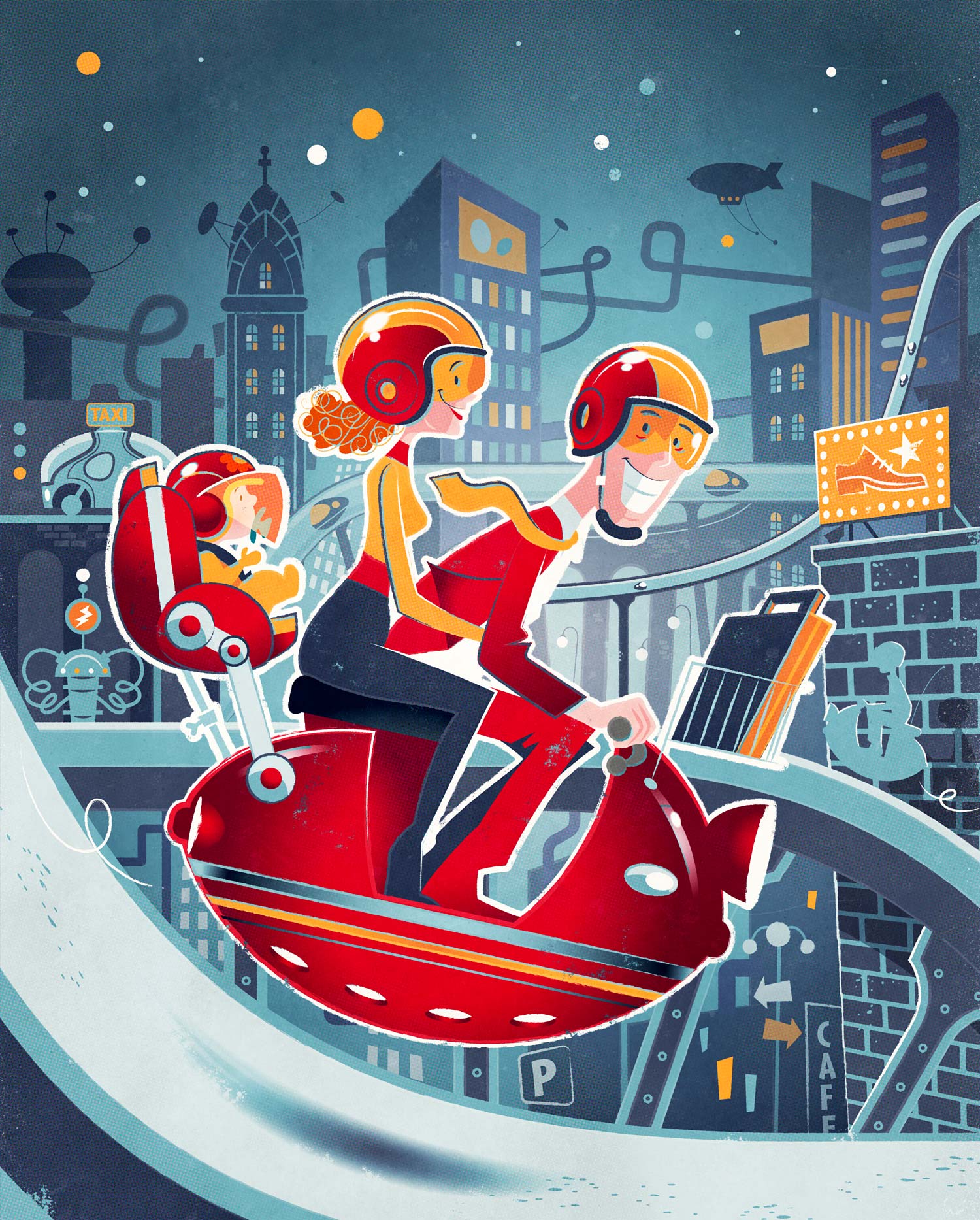 a cartoon of a man and woman riding a red motorcycle