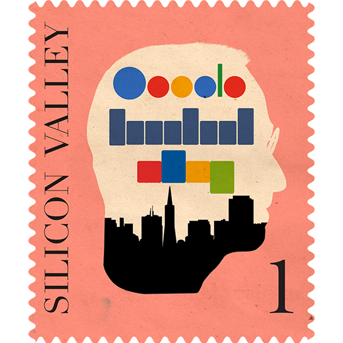 a stamp with a silhouette of a man's head and cityscape