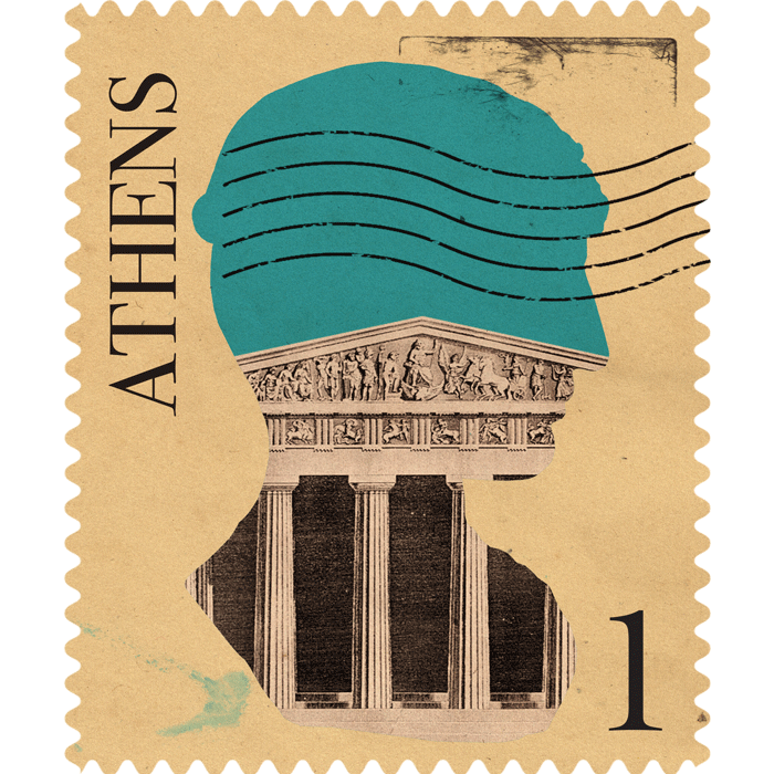 a stamp with a person's head and columns