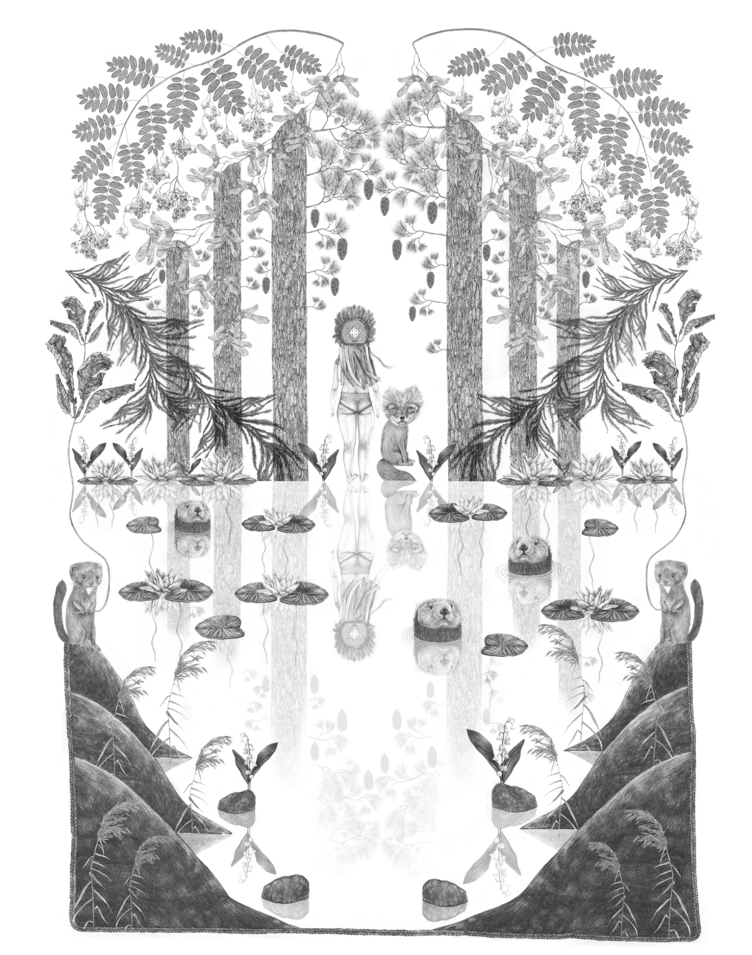 a drawing of a woman in a forest