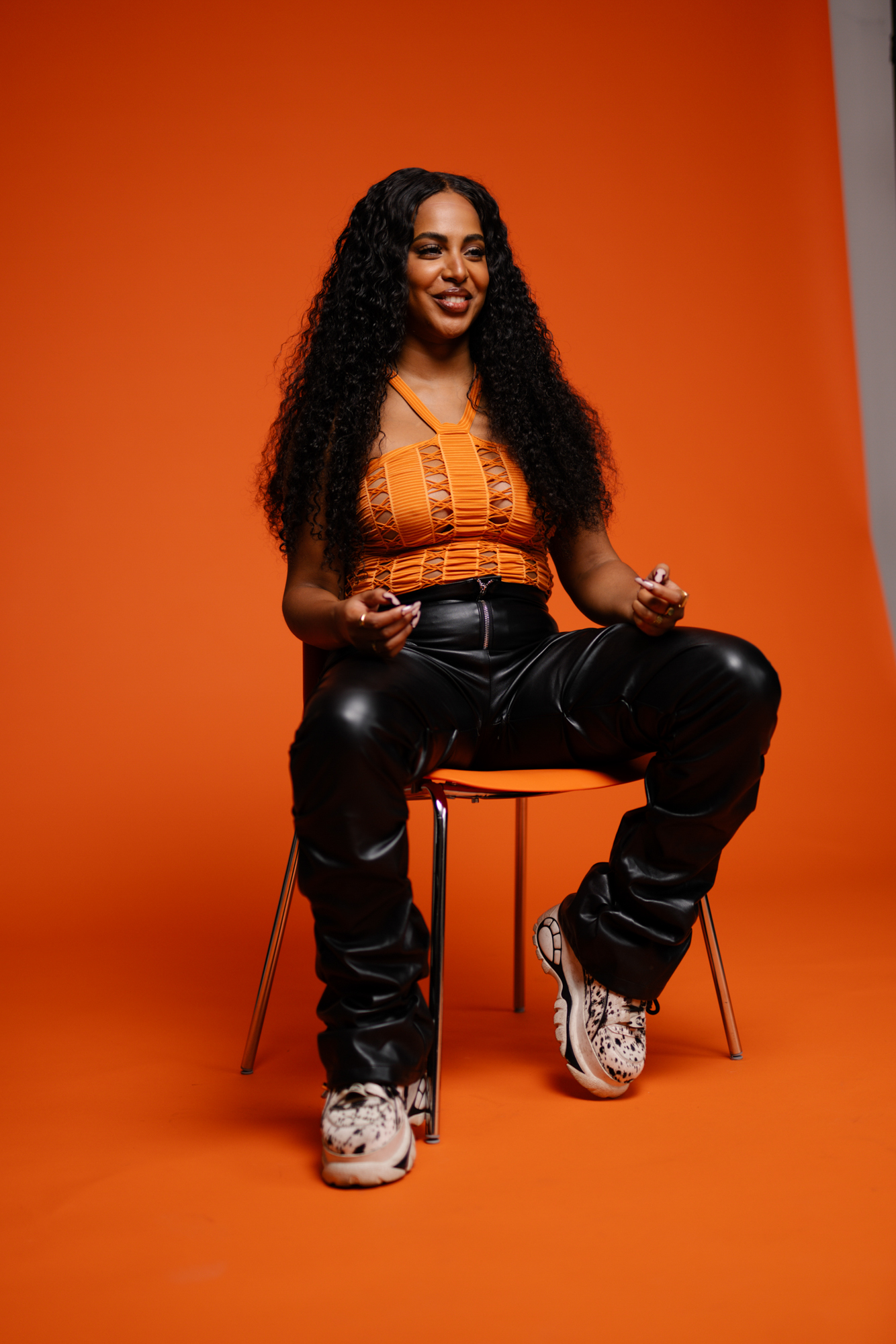 a woman sitting on a chair