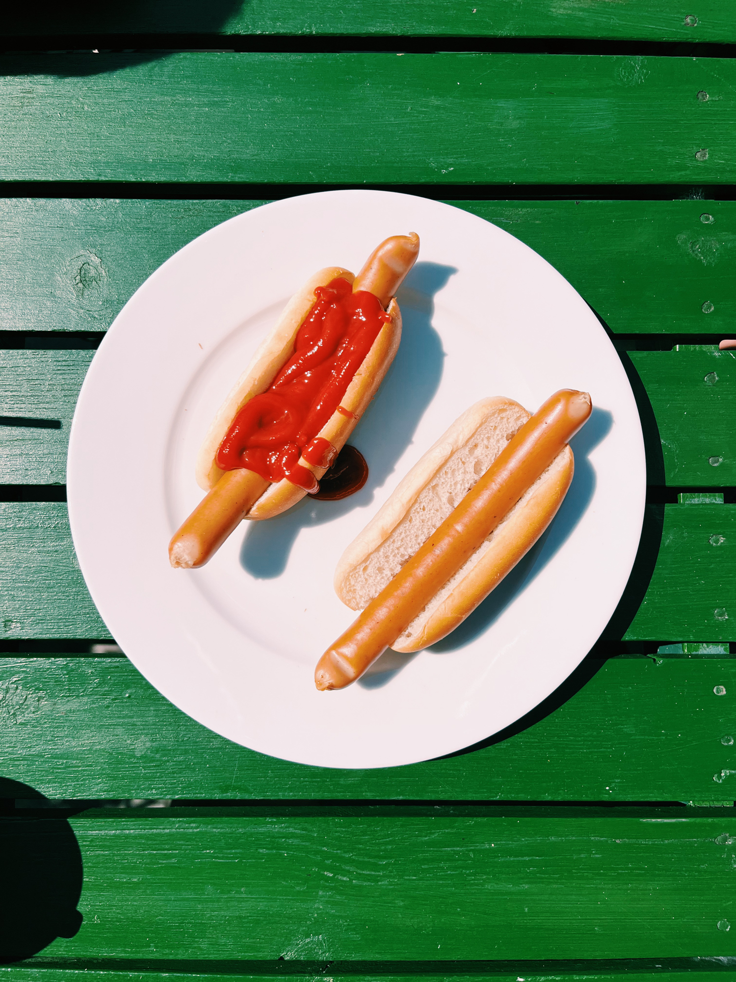 a plate of hot dogs with ketchup on it