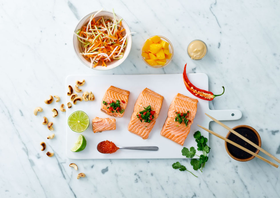 a plate of food on a marble surface