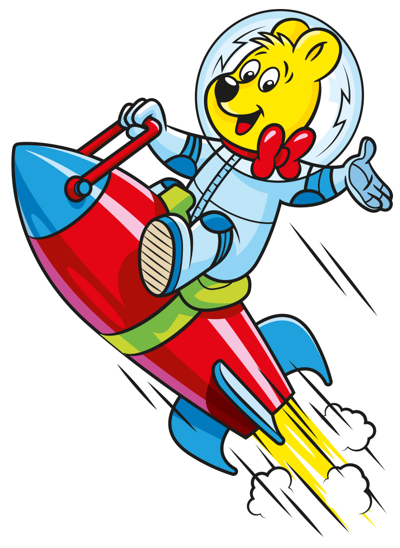 a cartoon bear in space suit riding a rocket