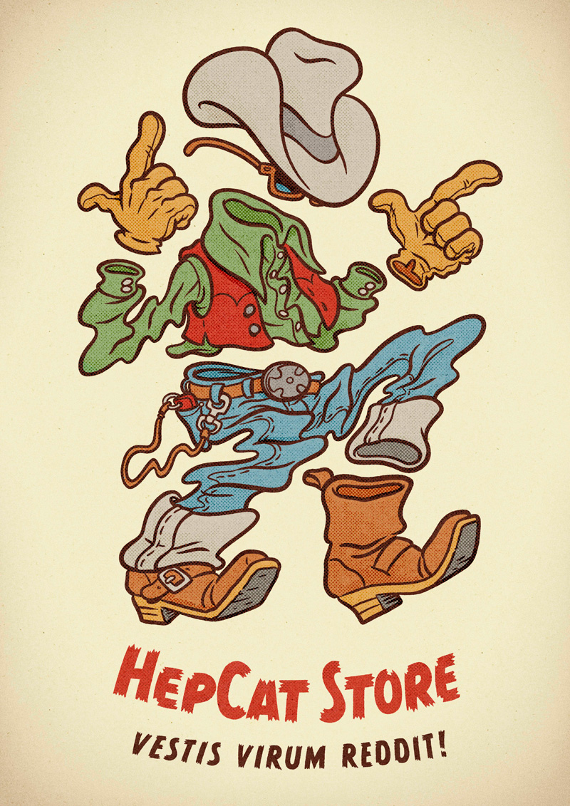 a poster with cartoon cowboy clothes and boots