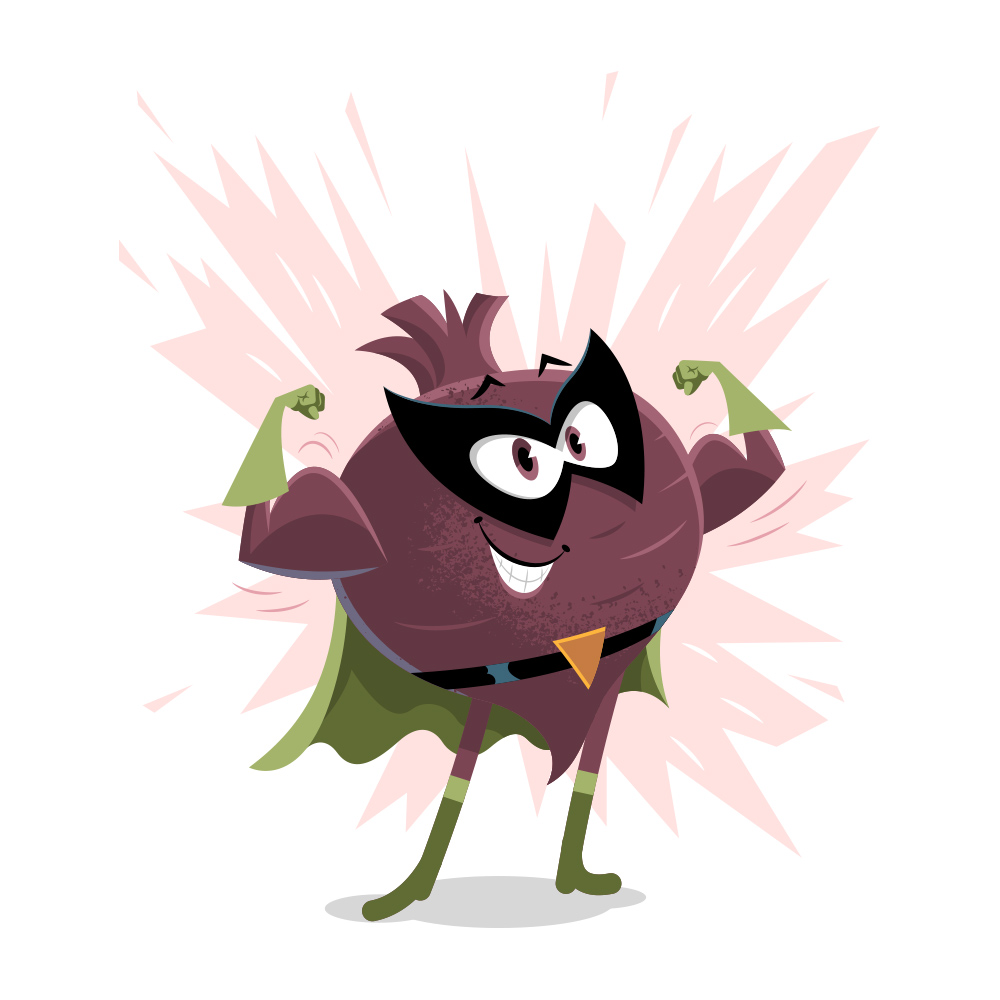 a cartoon of a pomegranate with a cape and mask