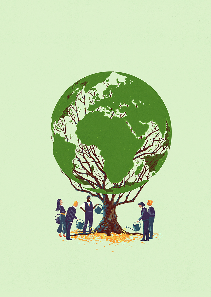 a group of people watering a tree