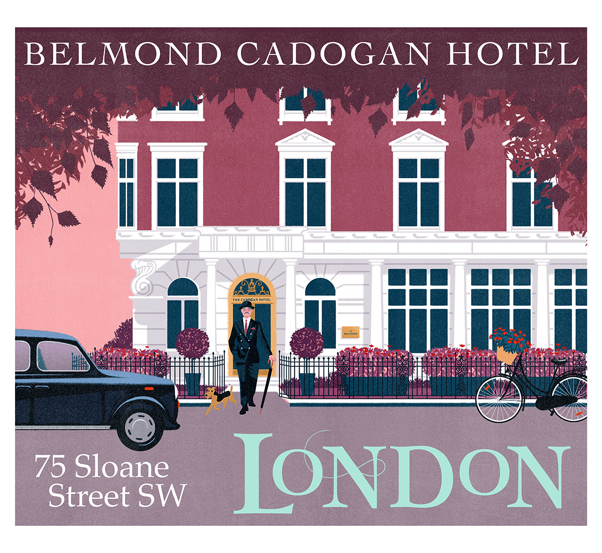 a poster of a hotel with a man walking a dog and a black car