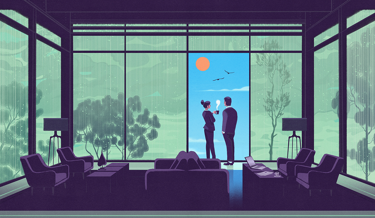 a man and woman standing in front of a window