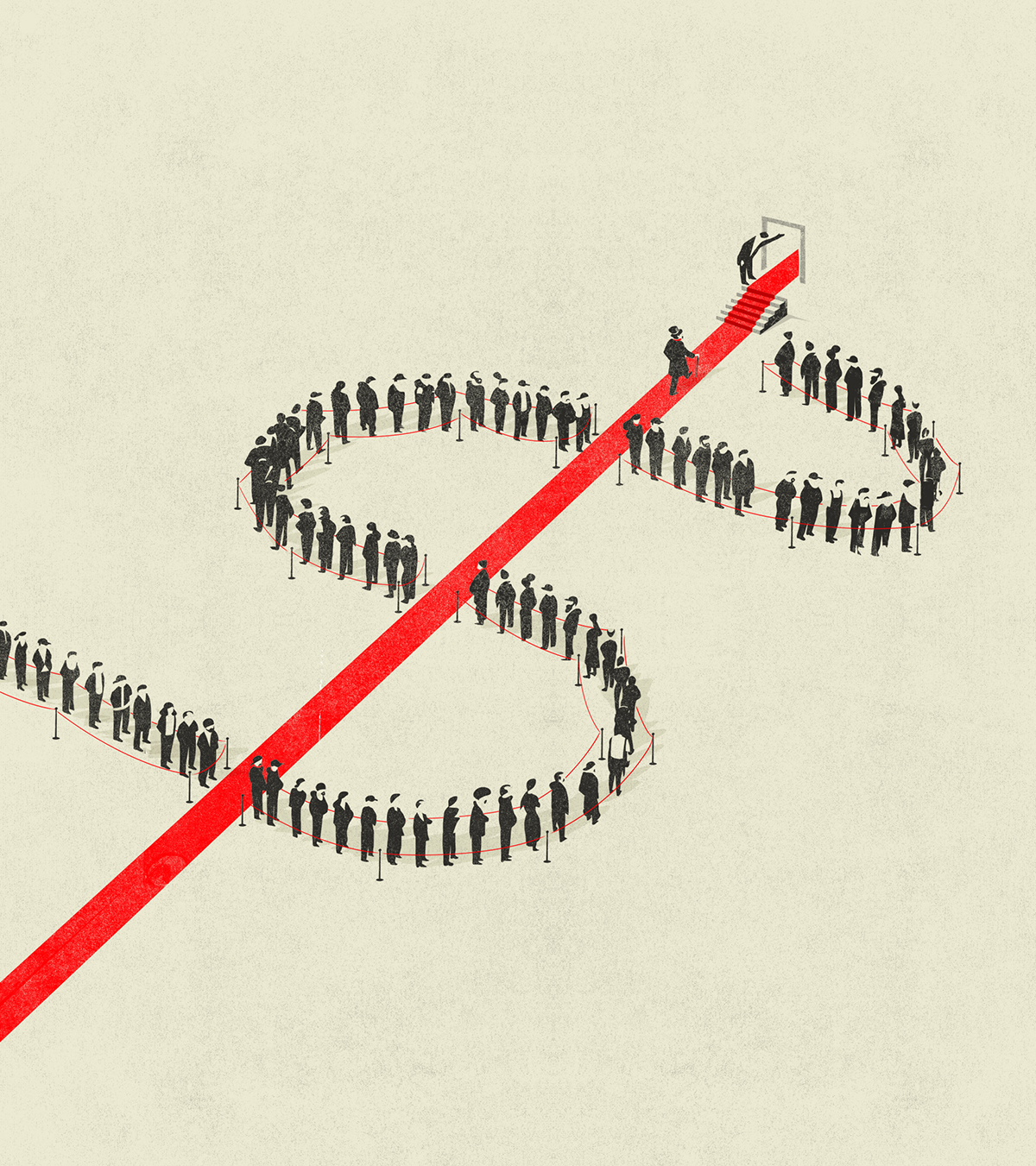 a group of people standing in a line of dollar sign