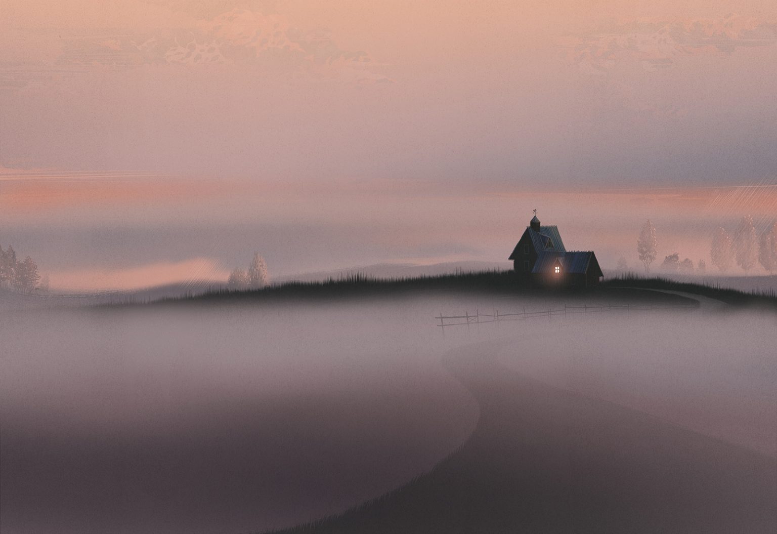 a house in a foggy field