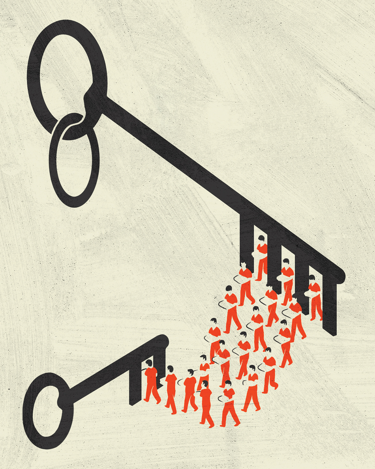 a group of people walking through a key