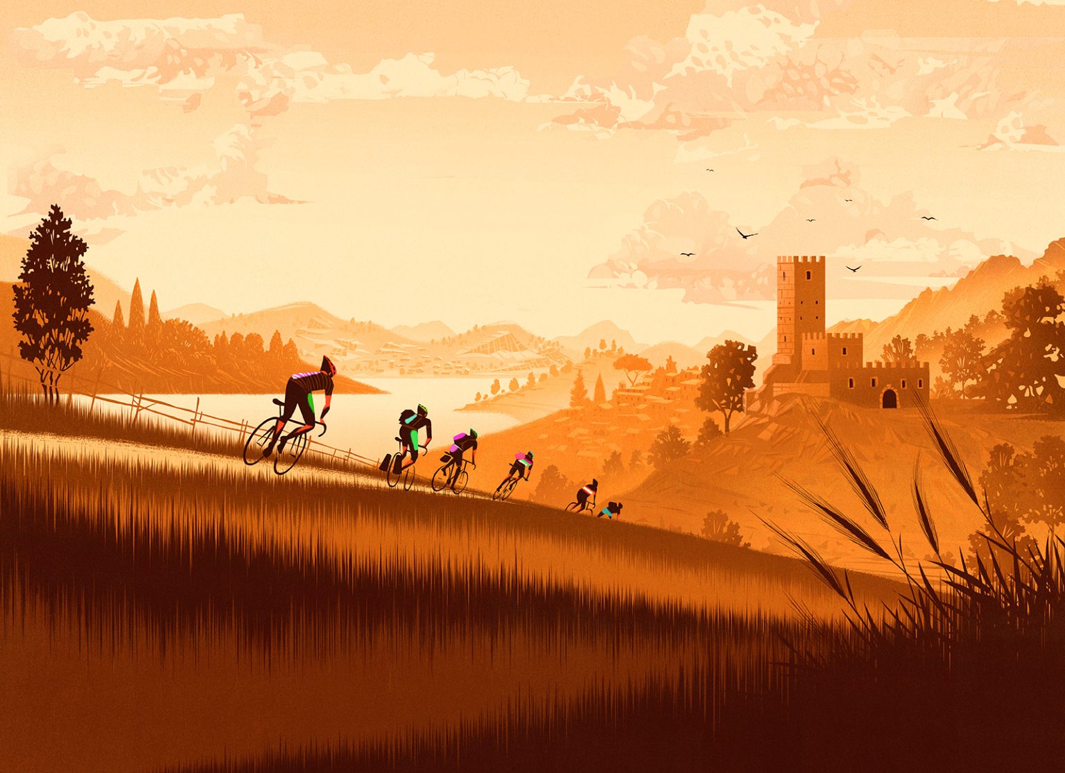 a group of people riding bikes on a path