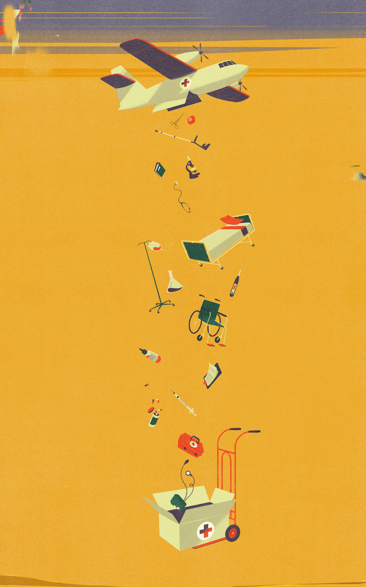 a group of objects falling from a yellow background