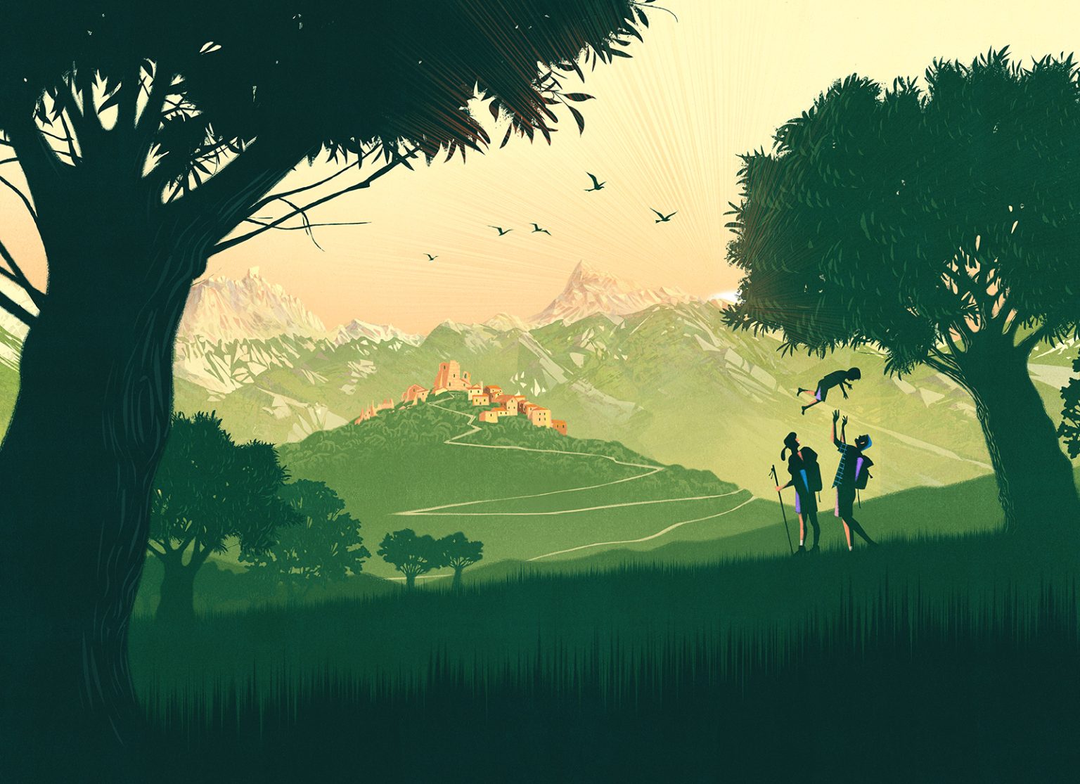 a group of people walking in a grassy field