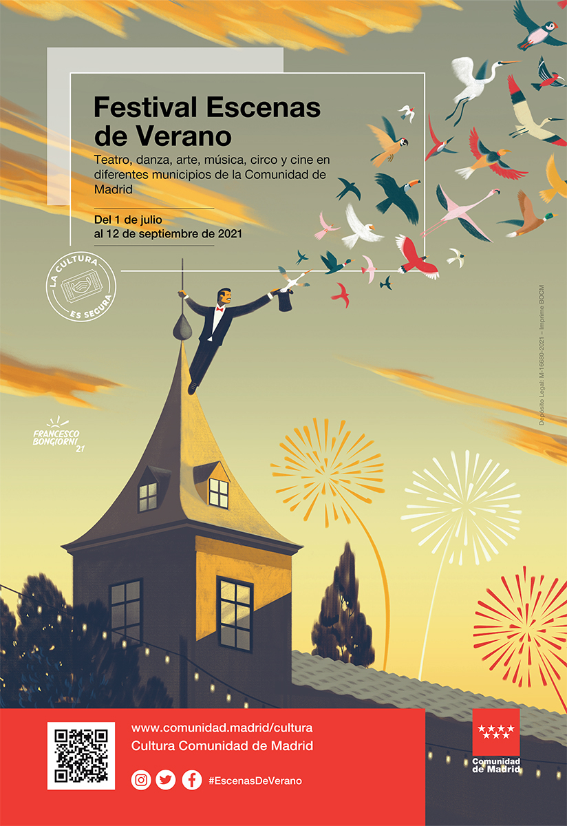 a poster of a man on a roof with birds flying through the sky