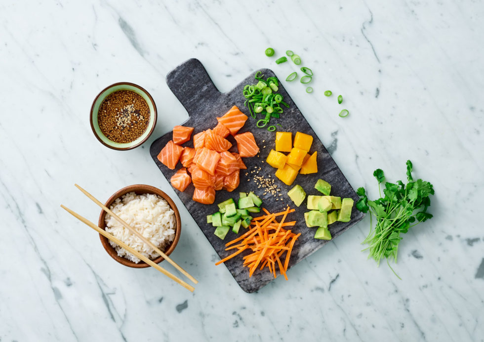 a cutting board with food on it
